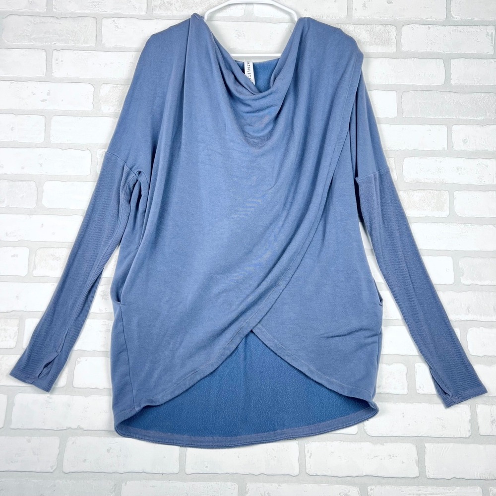 Athleta Womens Blue Cowl Neck Wrap Front Tulip Hem Fleece‎ Hoodie Sweatshirt S